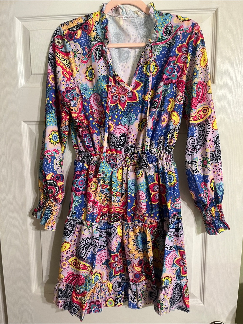 Vibrant Multicolor Paisley Long-Sleeve Tiered Dress
